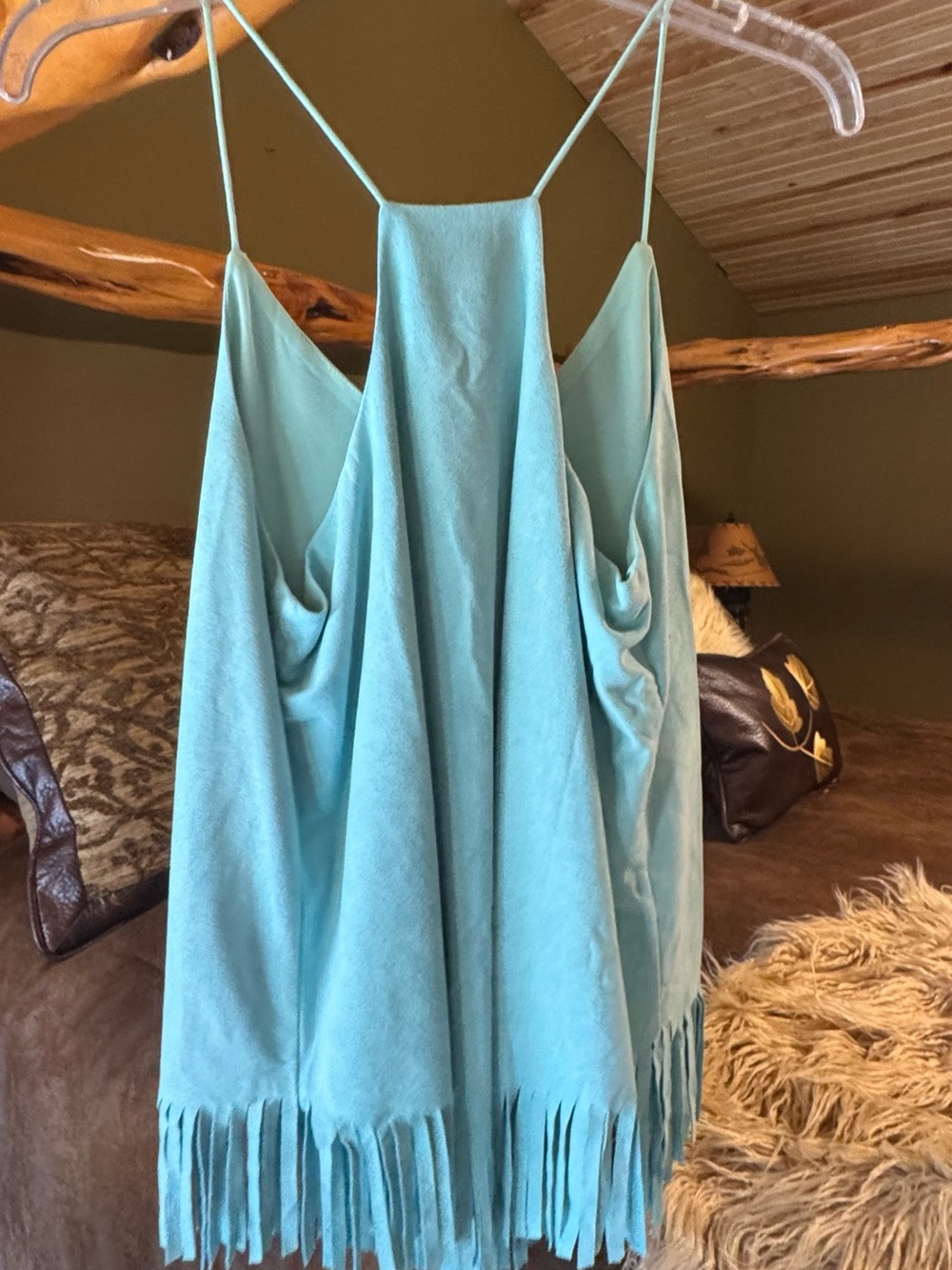 Stylish Fringe Spaghetti-Strap Tank Top - Aqua Suede Feel